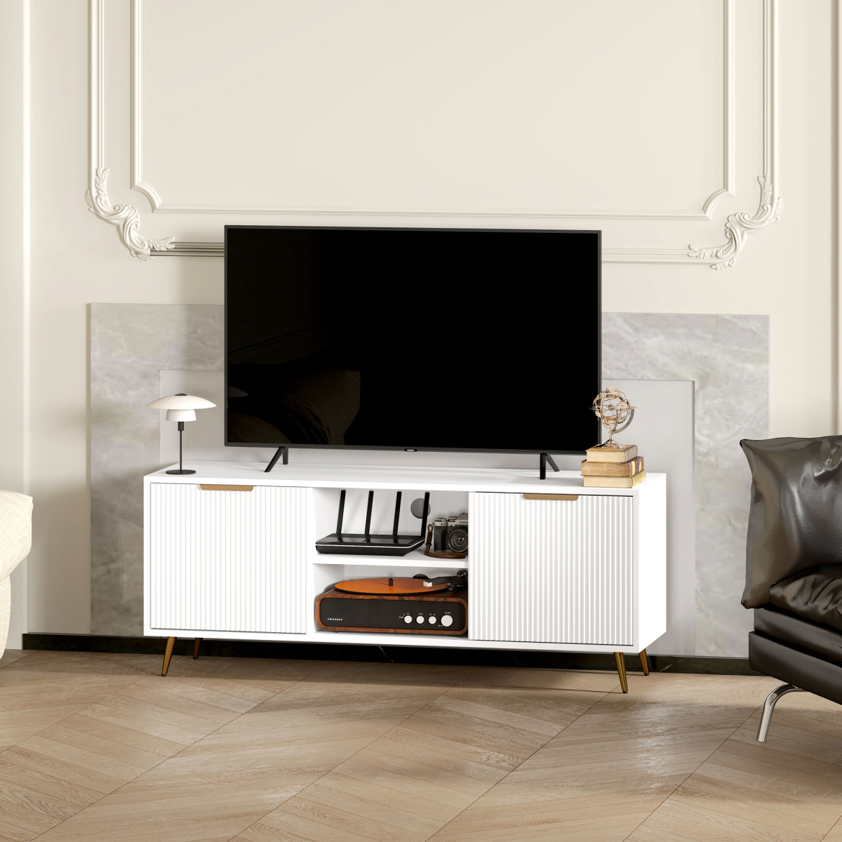 HOMCOM Modern White TV Stand Cabinet with Storage for 55-Inch TVs