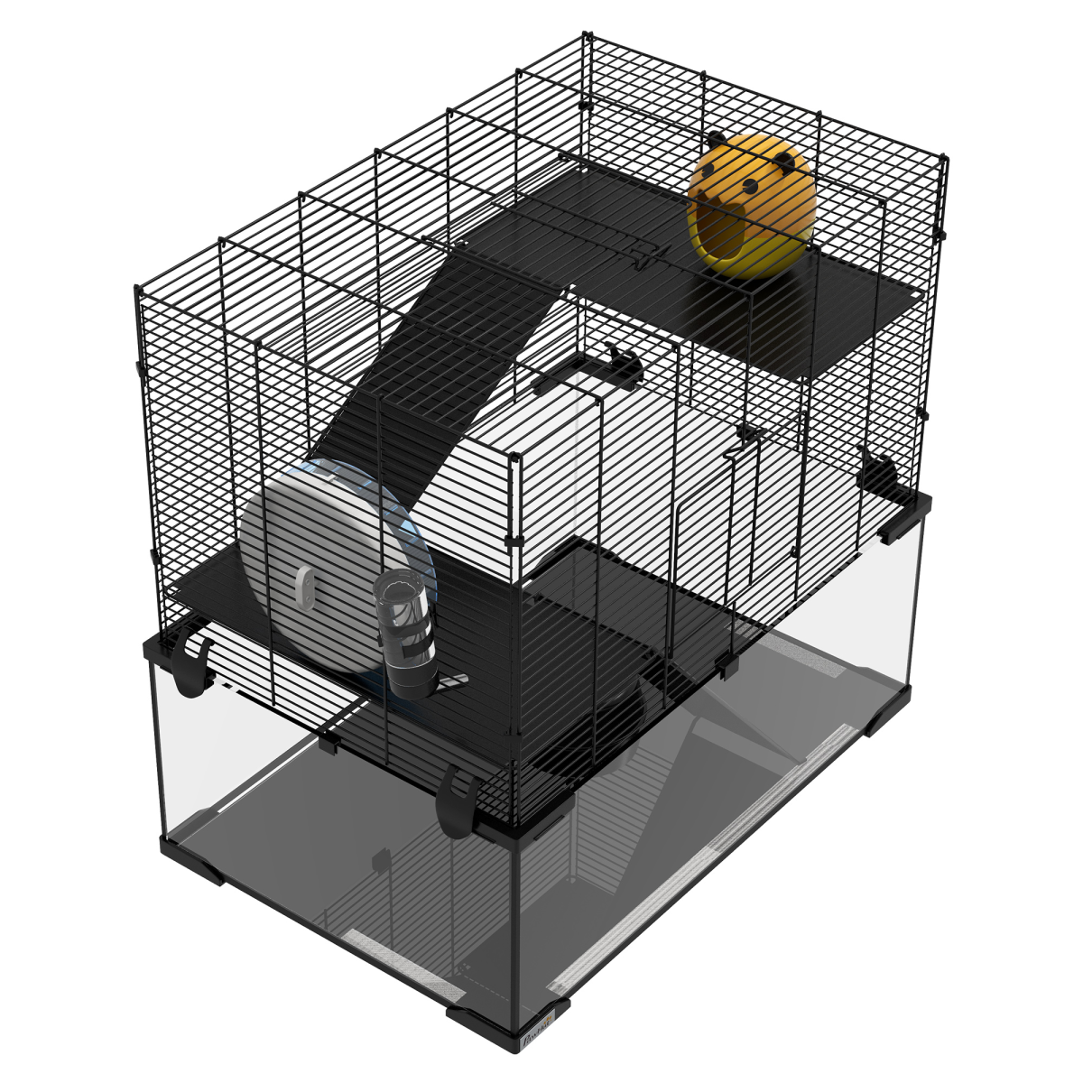 PawHut 3-Tier Hamster Cage with Glass Bottom, Dish & Hut, 60x40x57cm