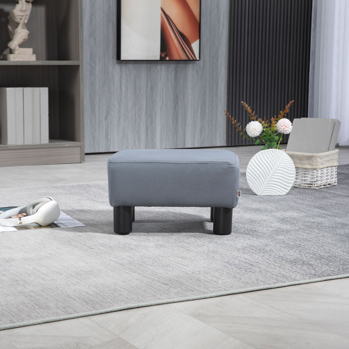 Grey PU Leather Ottoman Footstool for Home and Office, 40 x 30 x 24 cm