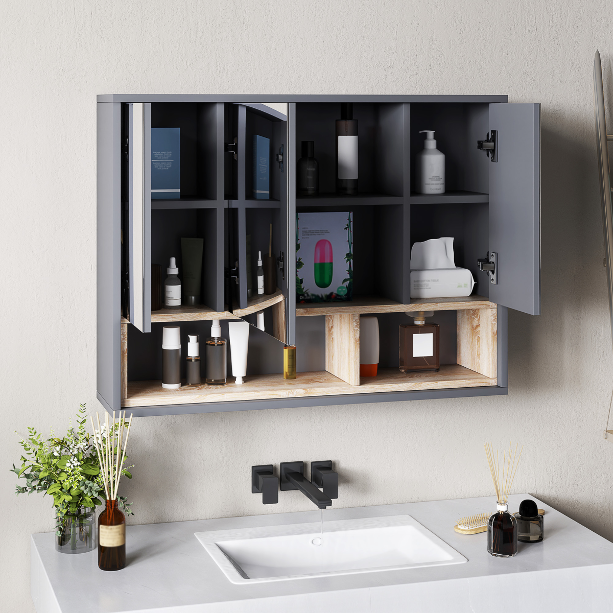 HOMCOM Wall Mounted Mirrored Bathroom Cabinet with Shelves, Grey