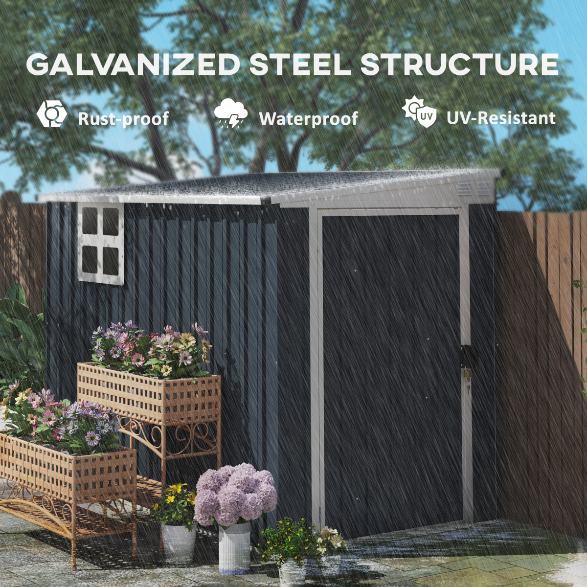 Outsunny Dark Grey Galvanised Steel Garden Storage Shed with Window