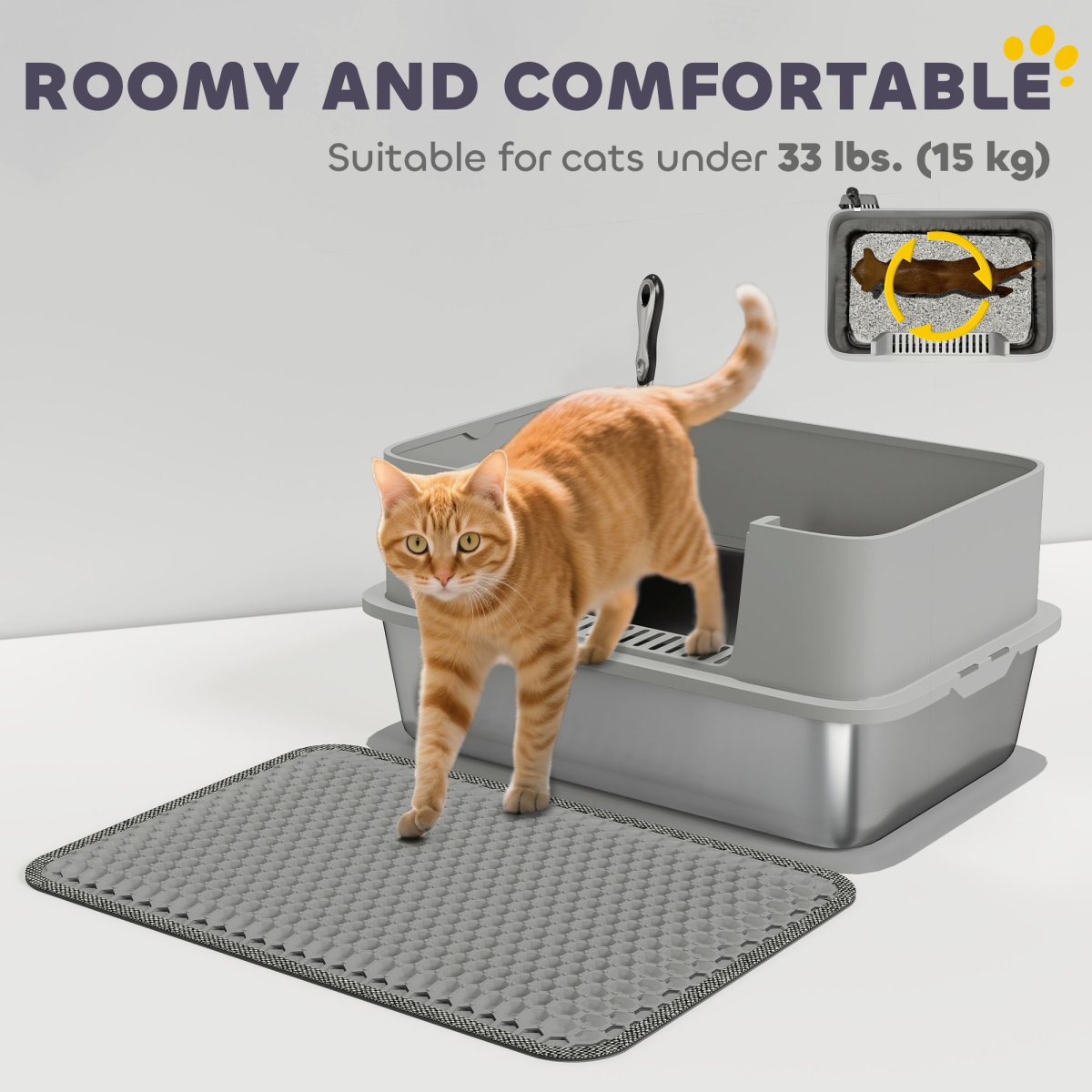 PawHut Stainless Steel High-Sided Cat Litter Box with Scoop