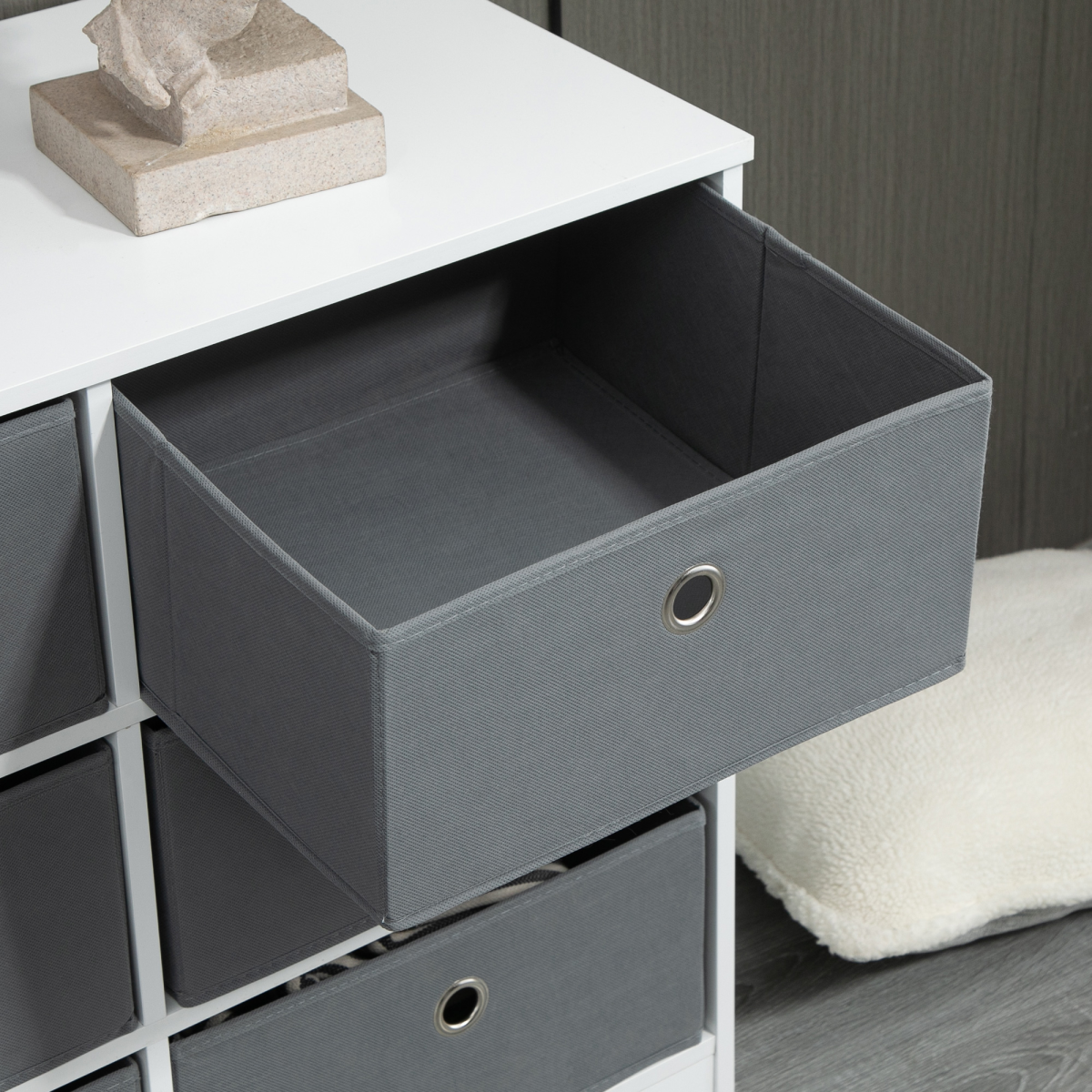 HOMCOM Fabric Dresser Storage Cabinet with 6 Drawers, White and Grey, Sturdy MDF Structure, Flat Top Storage?