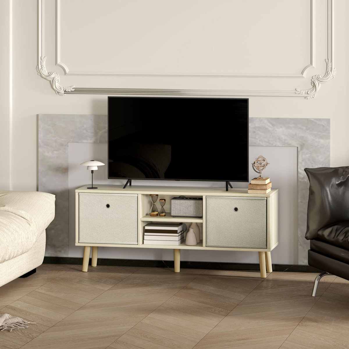HOMCOM TV Cabinet Stand with Shelves & Drawers, Natural Wood