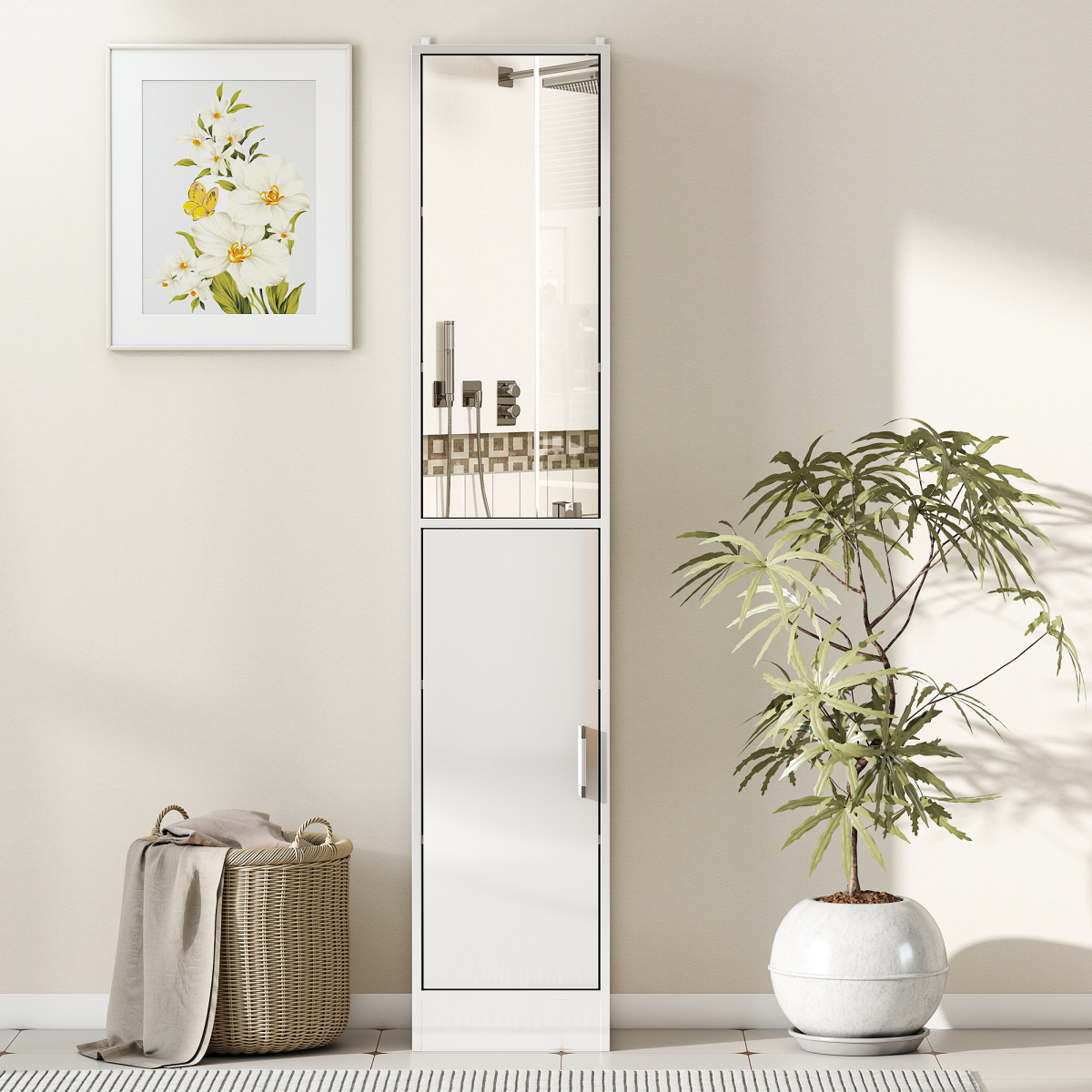 kleankin Tall Bathroom Storage Cabinet with Mirror, High Gloss White