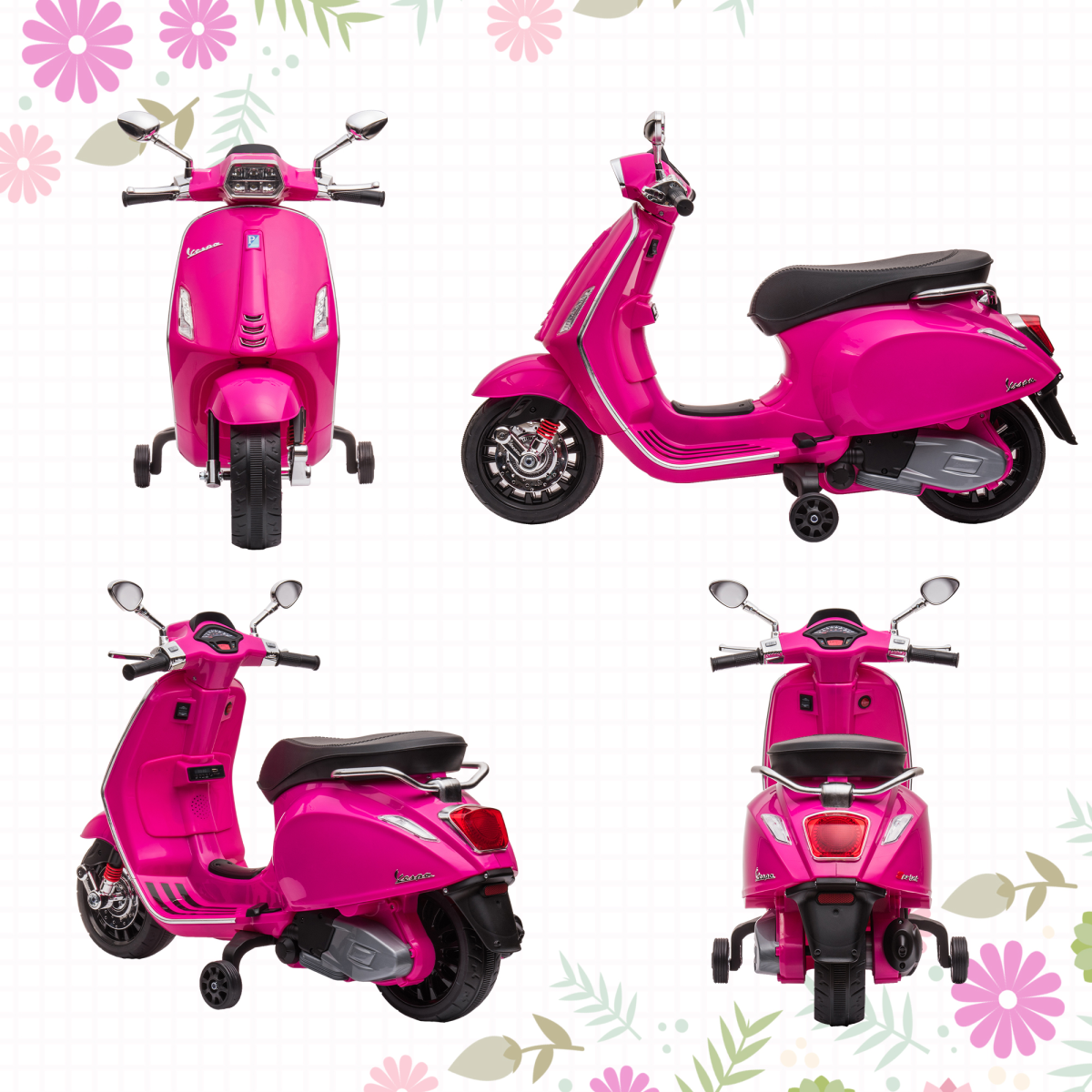 AIYAPLAY Licensed Vespa 12V Kids Electric Motorbike with Training Wheels, Pink