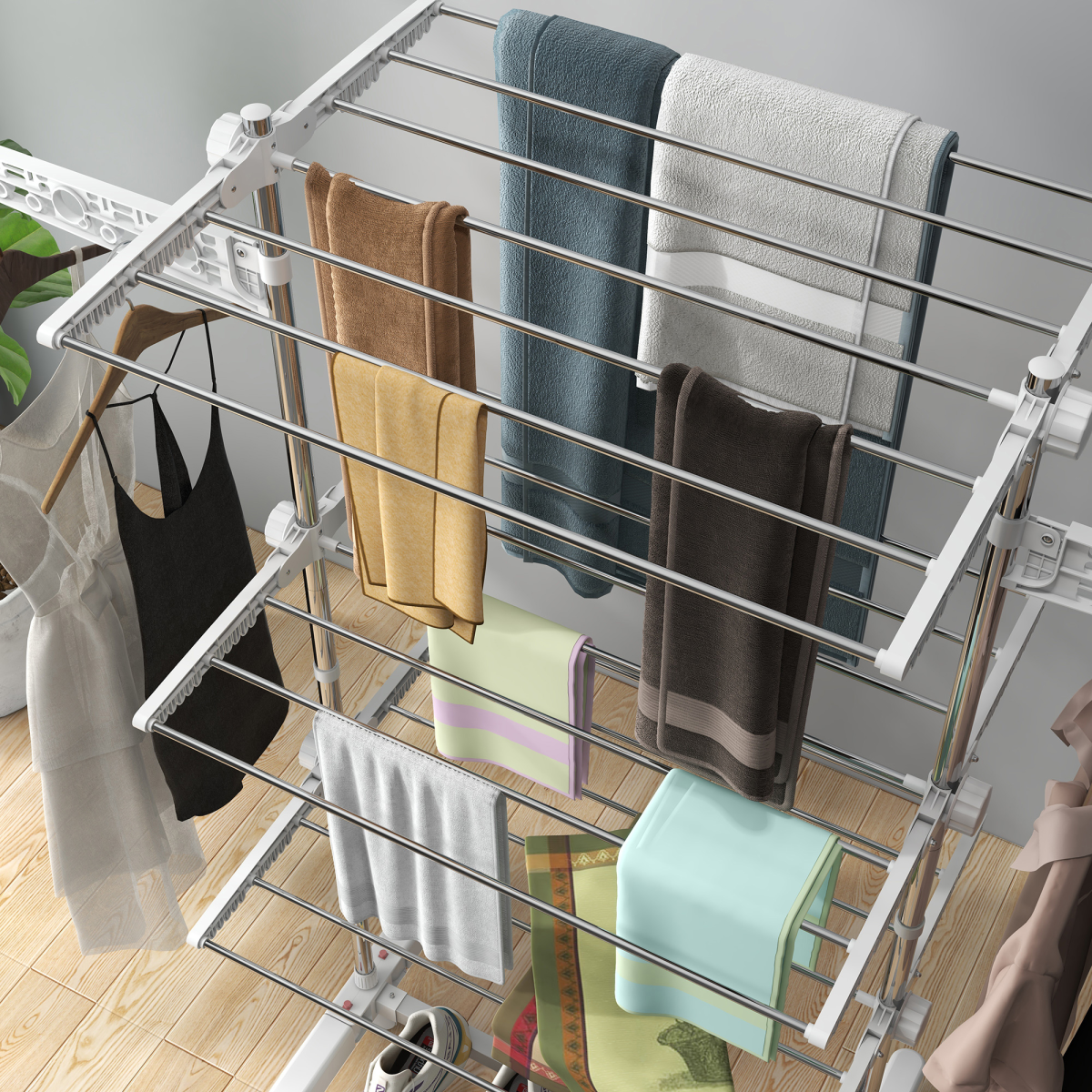 HOMCOM Folding Clothes Airer Drying Rack with Wheels, 4 Shelves