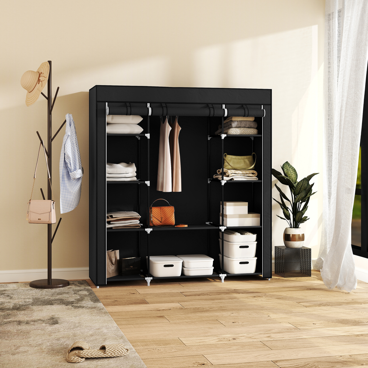 Portable Fabric Wardrobe with 10 Shelves and Hanging Rail, Black