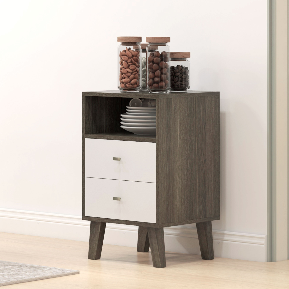 PawHut Set of 2 Bedside Tables, Nightstands with 2 Drawers & Open Cubby