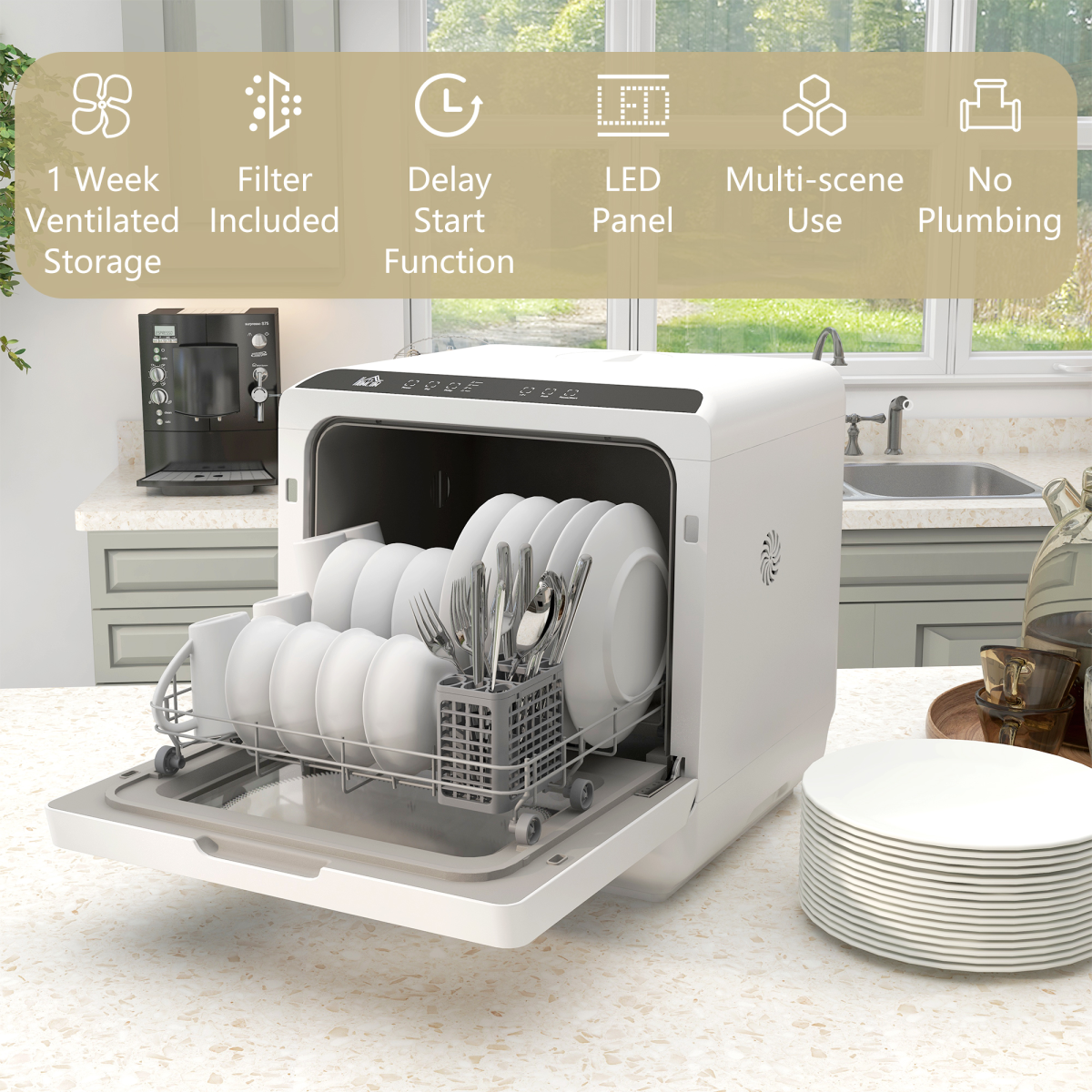 HOMCOM Table Top Dishwasher, 4 Place Settings, 6 Programmes, Fruit Wash Mode