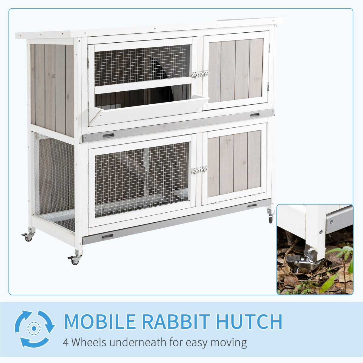 Two-Tier Wooden Rabbit Hutch with Wheels, Tray & Rain Cover