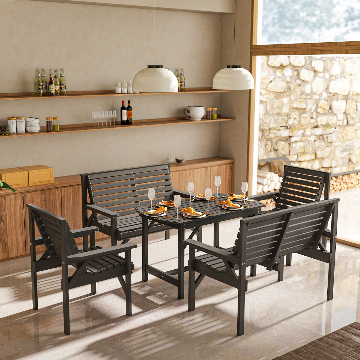 Outsunny 5-Piece Wooden Patio Dining Set, Grey, with Umbrella Hole
