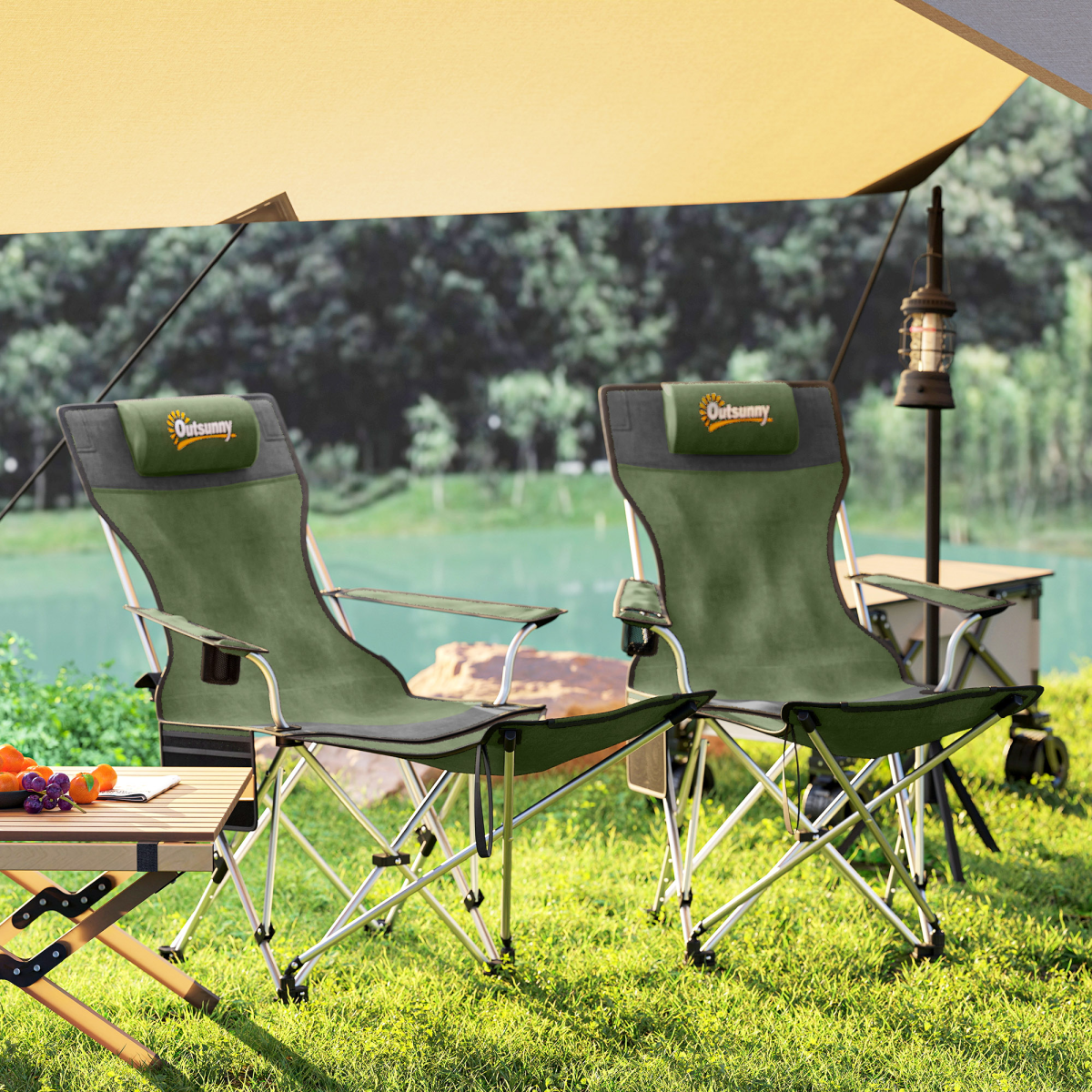 Outsunny Set of 2 Reclining Camping Chairs with Headrest and Cup Holder
