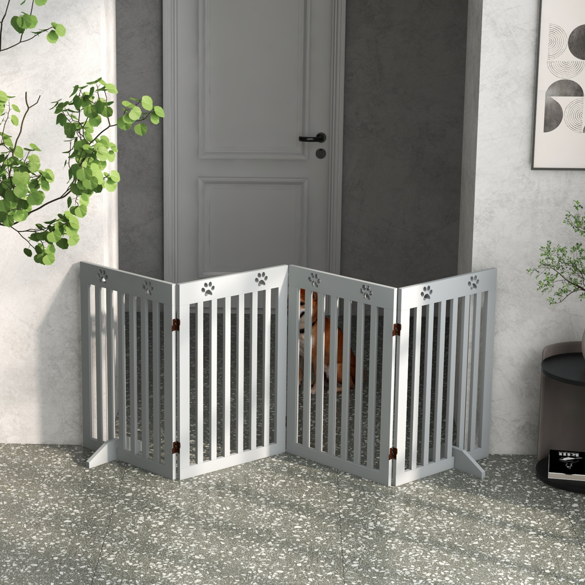 PawHut Foldable Freestanding Dog Gate with Support Feet, Grey