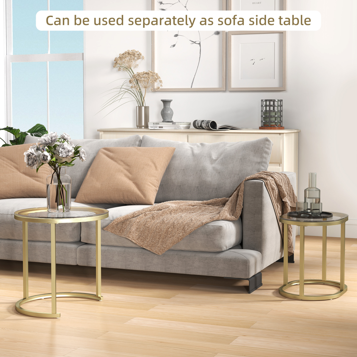 HOMCOM Set of 2 Tempered Glass Accent Tables with Gold Steel Frame