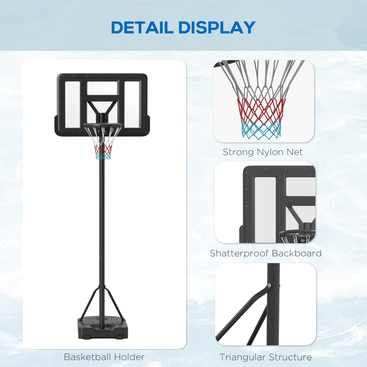 SPORTNOW Basketball Backboard Hoop Net Set with Wheels, 200-305cm, Black