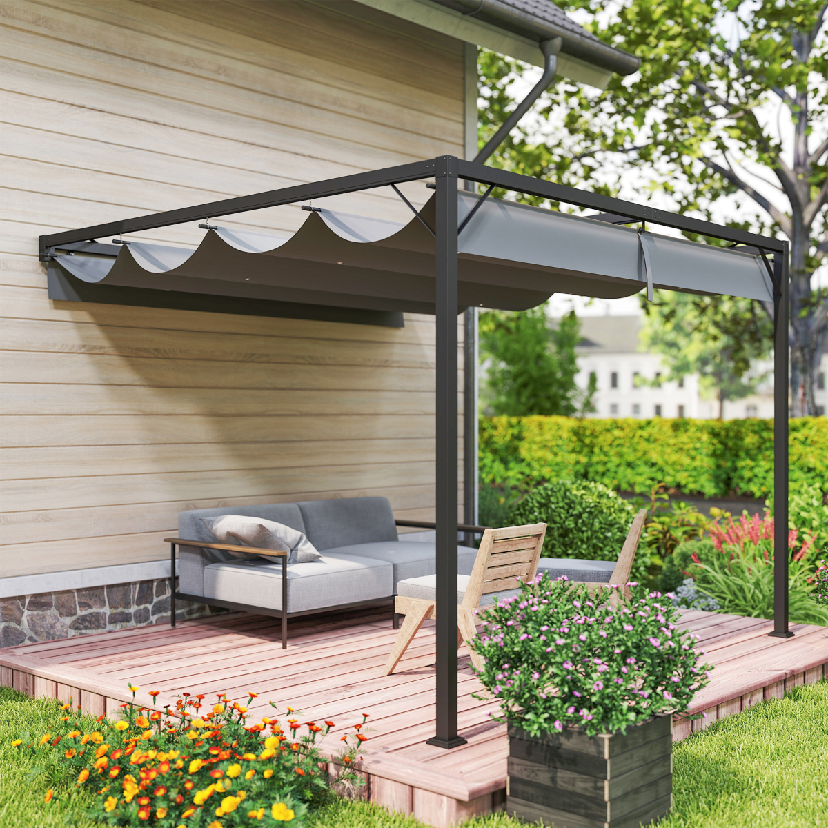 Outsunny 3 x 3m Wall-Mounted Outdoor Pergola with Retractable Canopy, Grey