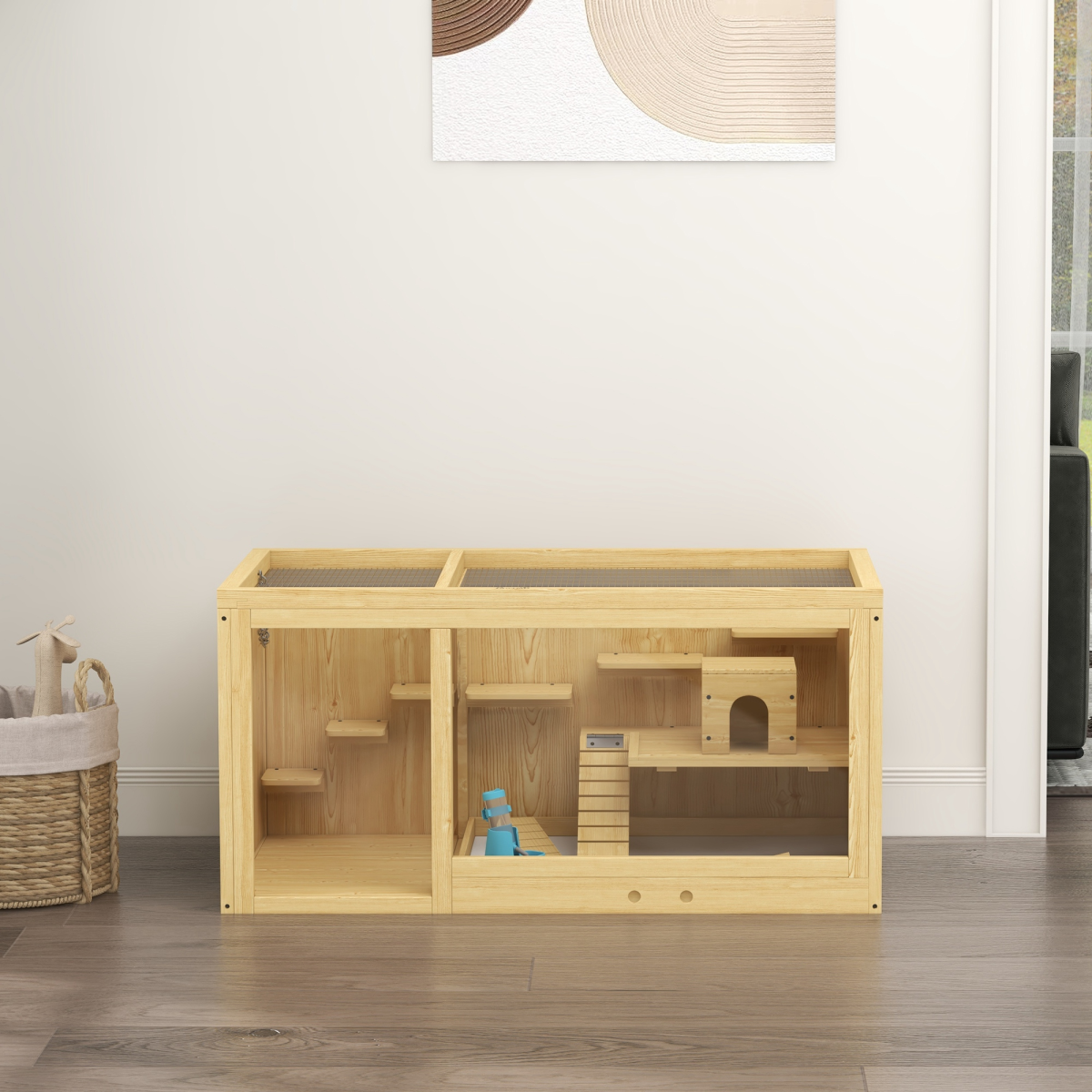 PawHut Wooden Hamster Cage with Water Bottle, Platforms & Openable Roof