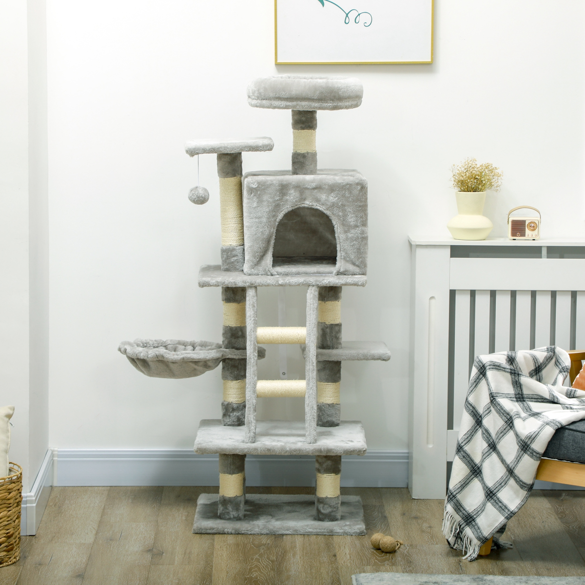 PawHut 132cm Cat Tree with House, Hammock & Scratch Posts Grey