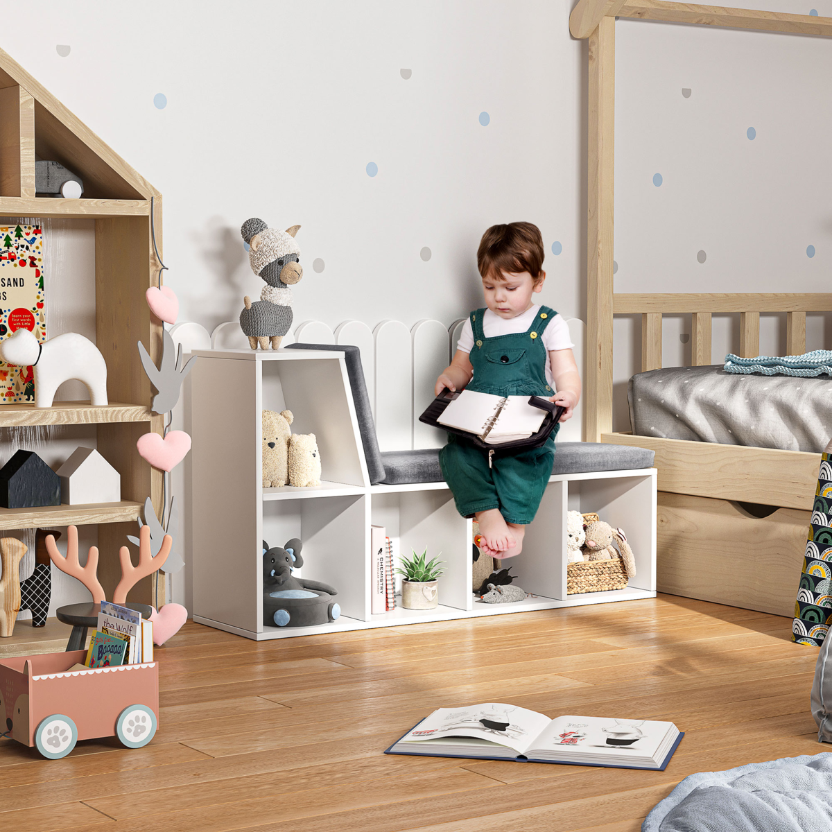 2-Tier Modern White Bookcase with Removable Cushions
