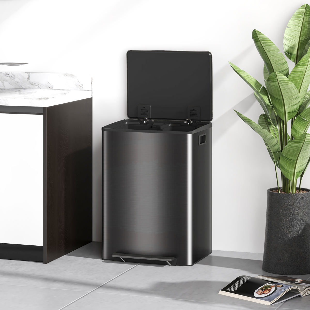 HOMCOM Dual Bin Pedal Bin, 2 x 30L Stainless Steel, Black