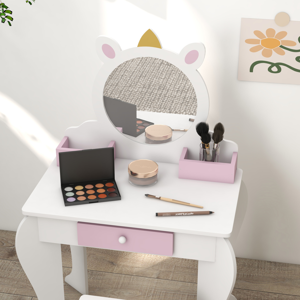 ZONEKIZ Kids Dressing Table Set with Mirror, Stool and Drawer, Unicorn Design, White and Pink