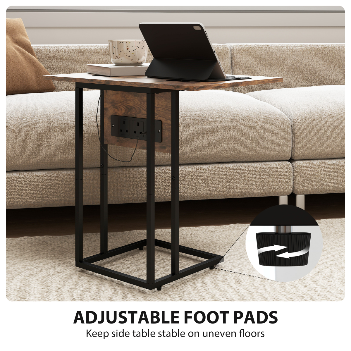 HOMCOM C-Shaped Side Table with Charging Station, Foldable Top
