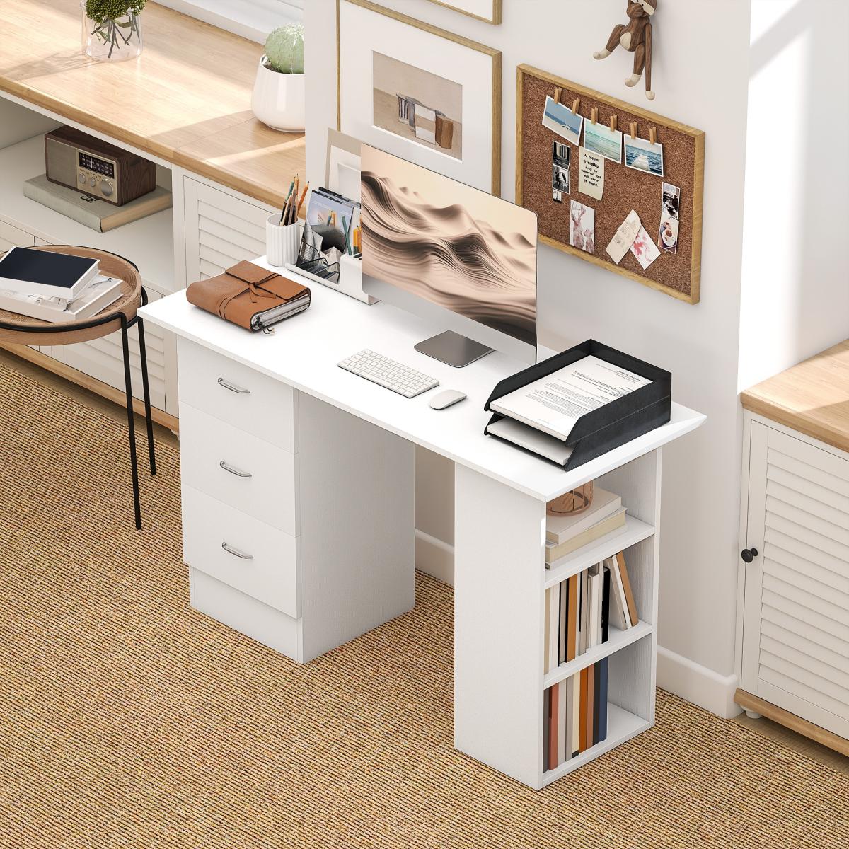 HOMCOM 120cm White Computer Desk with 3 Drawers & 3 Shelves