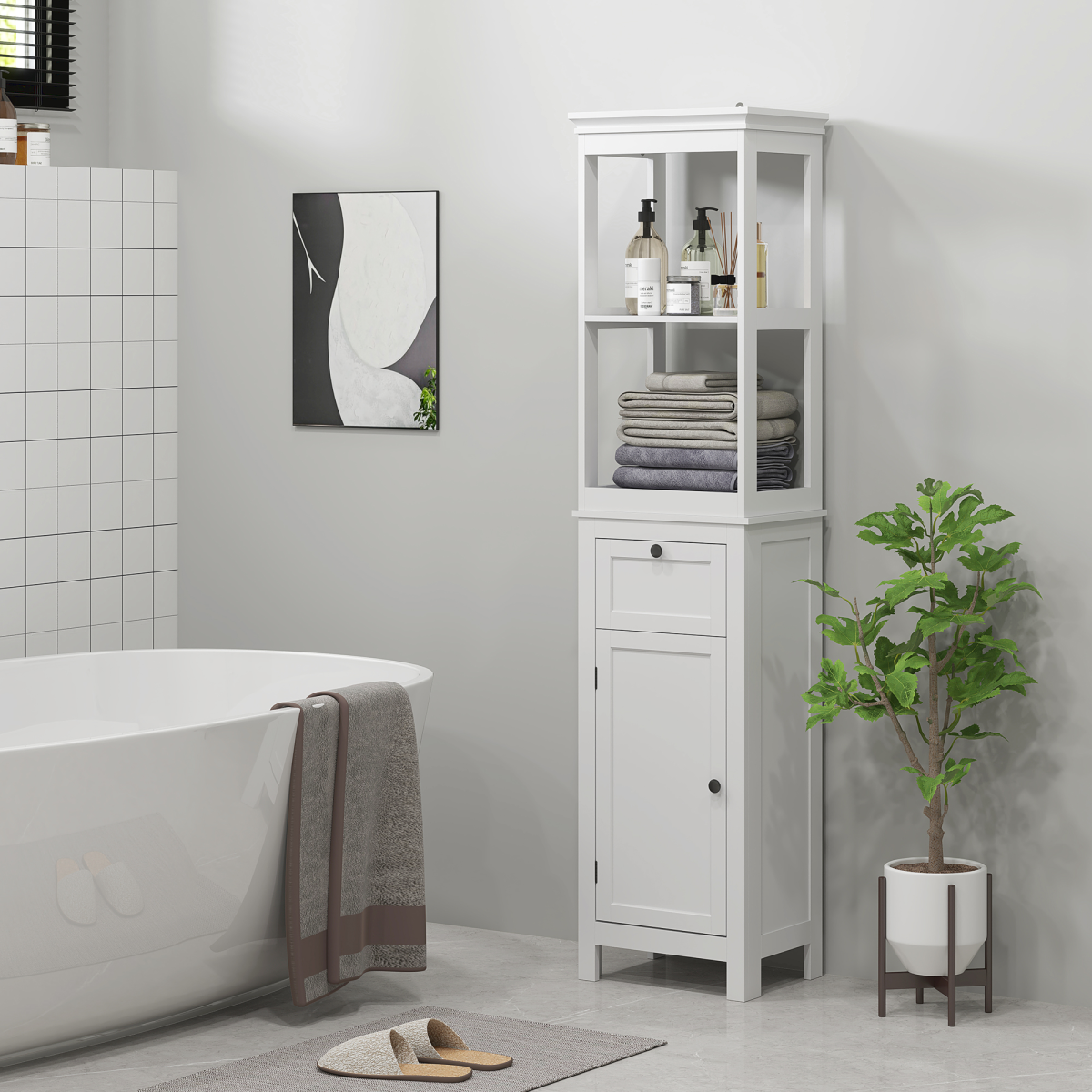 HOMCOM Slim White Bathroom Storage Cabinet with Shelves & Drawer