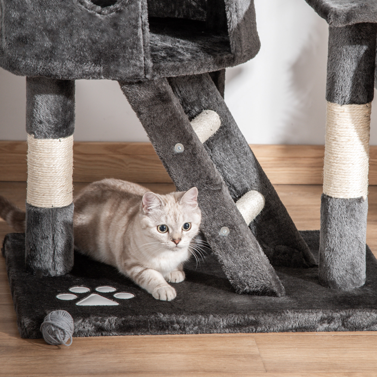 PawHut 240-260cm Floor to Ceiling Cat Tree with Scratching Posts, Cat Houses, Ramps, Hammocks and Tunnel - Dark Grey