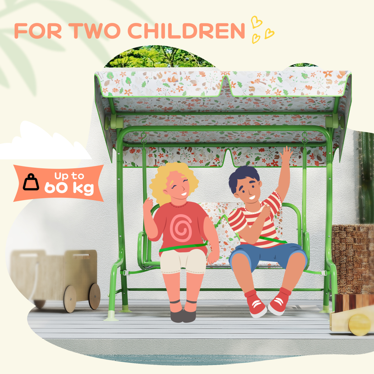 Kids Fox Pattern Swing Seat with Adjustable Canopy