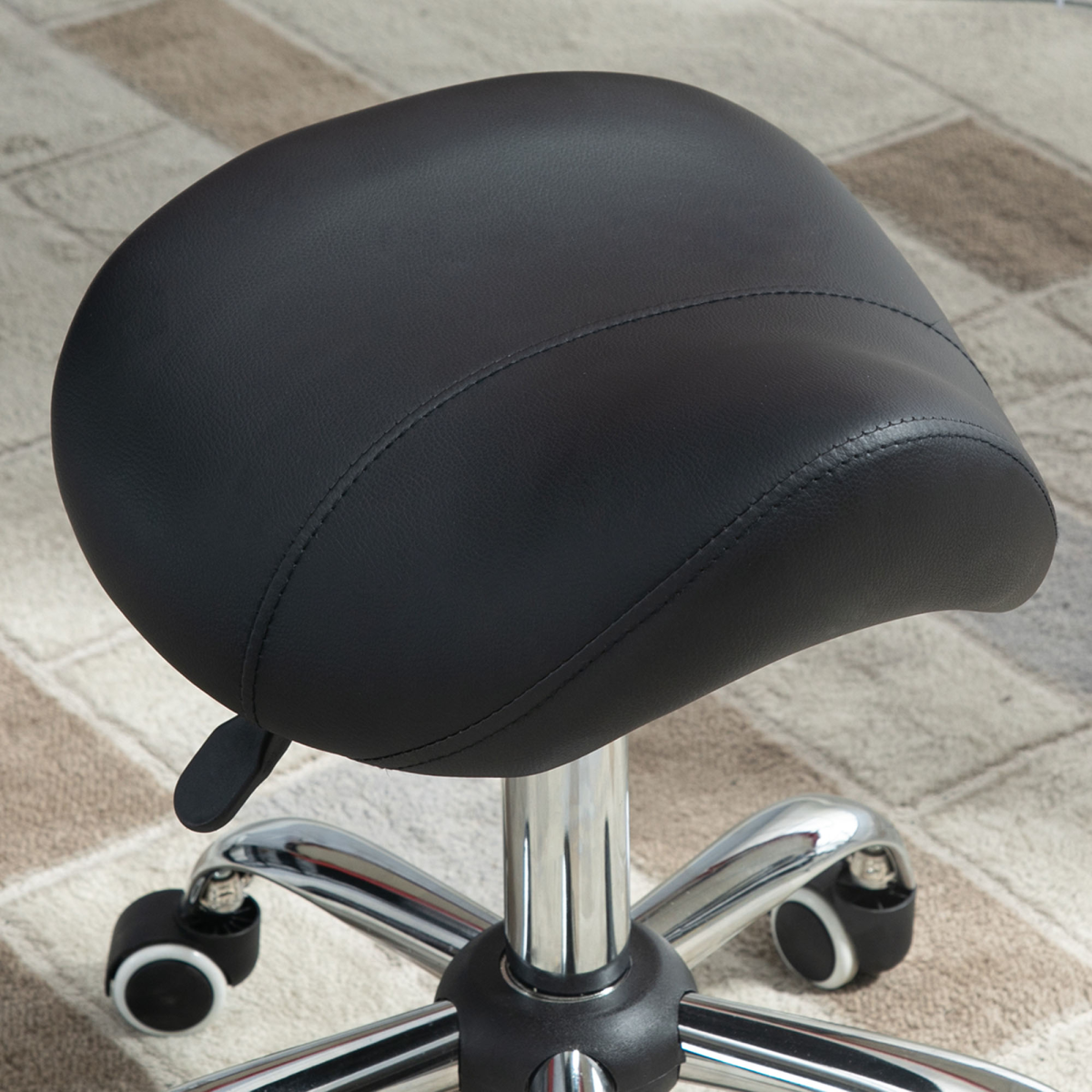 Black PU Leather Saddle Stool with Padded Seat, Adjustable Height, 5 Wheels