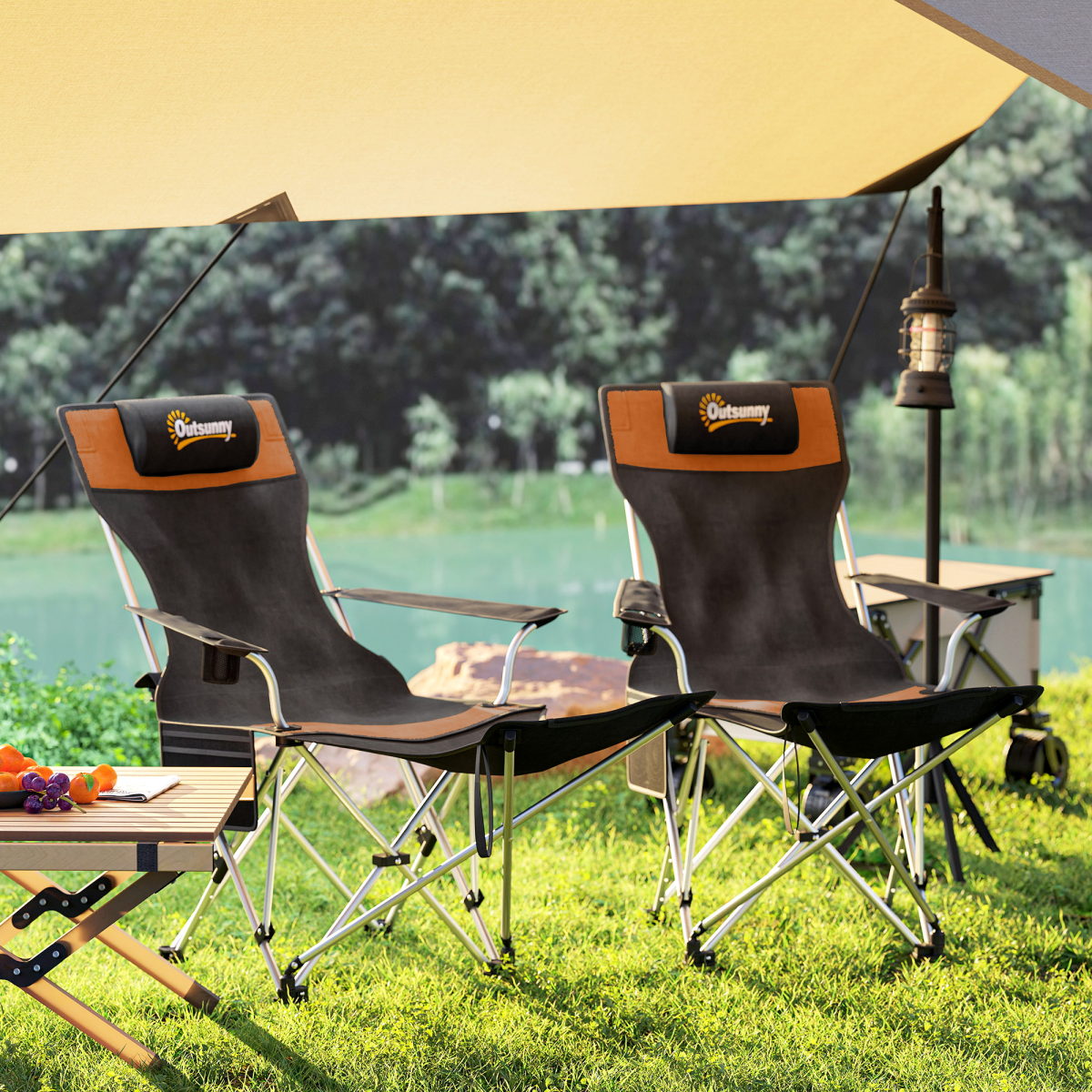 Outsunny Set of 2 Reclining Camping Chairs with Footrest, Orange/Black