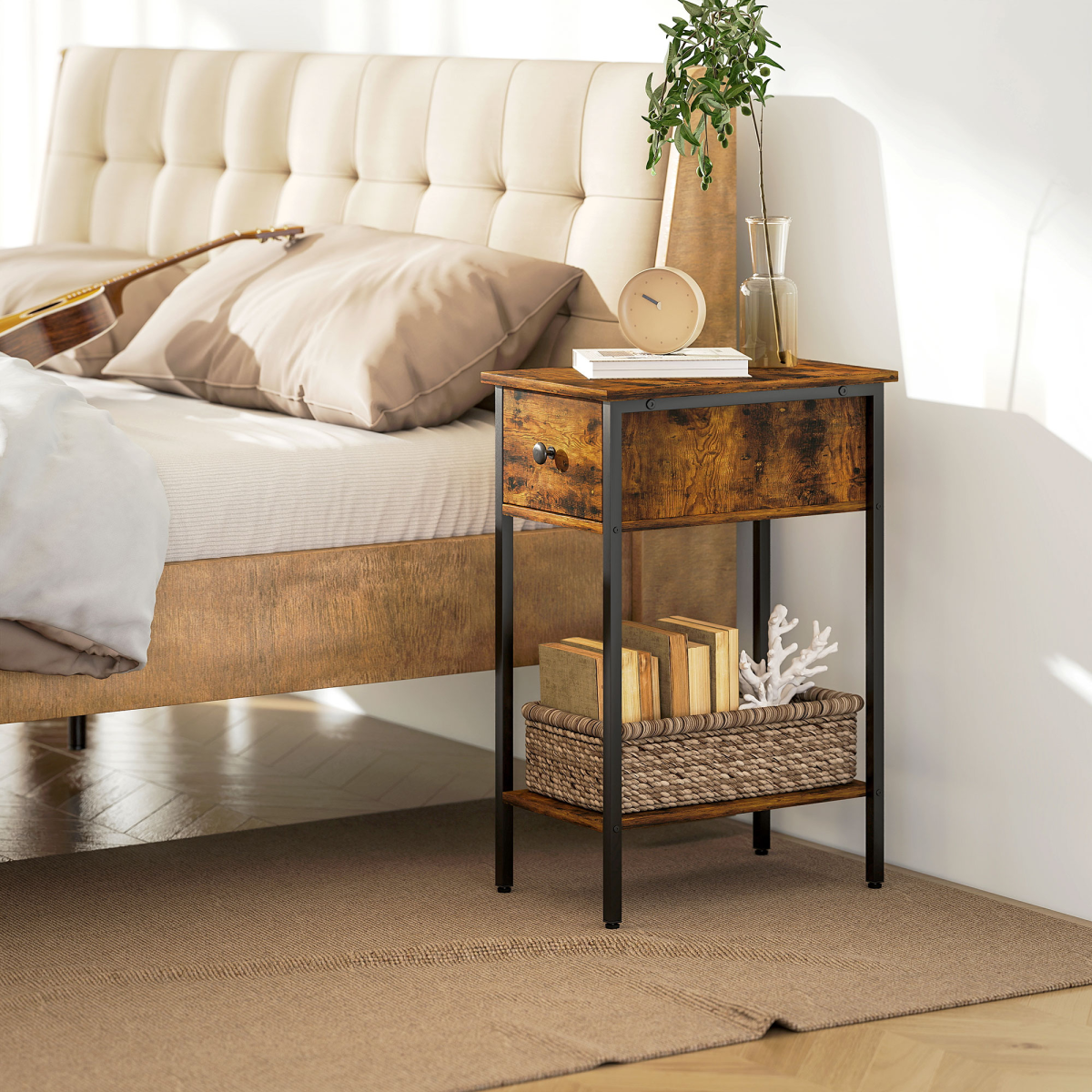 HOMCOM Industrial Narrow End Table with Drawer & Shelf, Rustic Brown