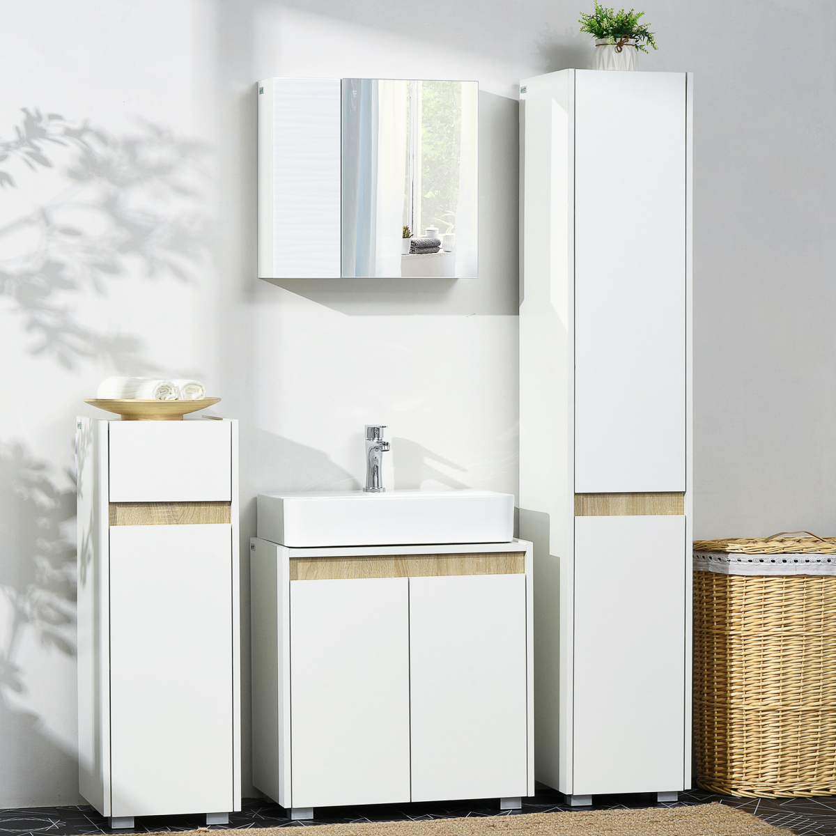 Slim Freestanding Tall Bathroom Storage Cabinet with Adjustable Shelves, Integrated Finger Pull, White