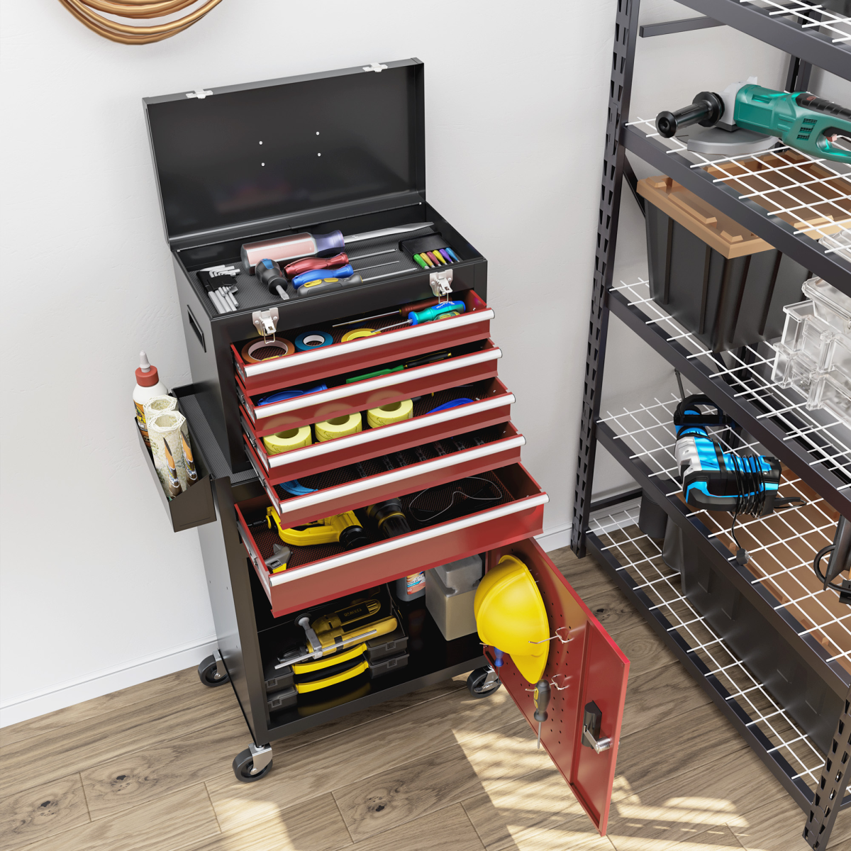 HOMCOM 5-Drawer Rolling Tool Cabinet with Lockable Cupboard