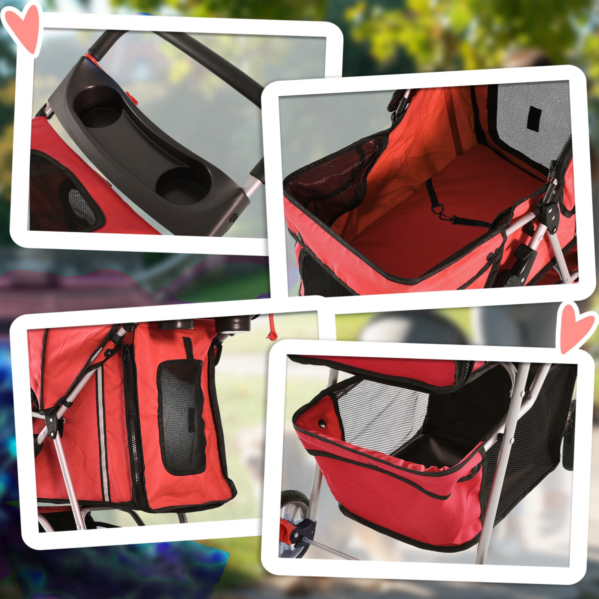 PawHut Foldable 4-Wheel Pet Stroller Carrier for Small Dogs and Cats, Steel Frame, Oxford Cloth, Basket, Cup Holder, Brake