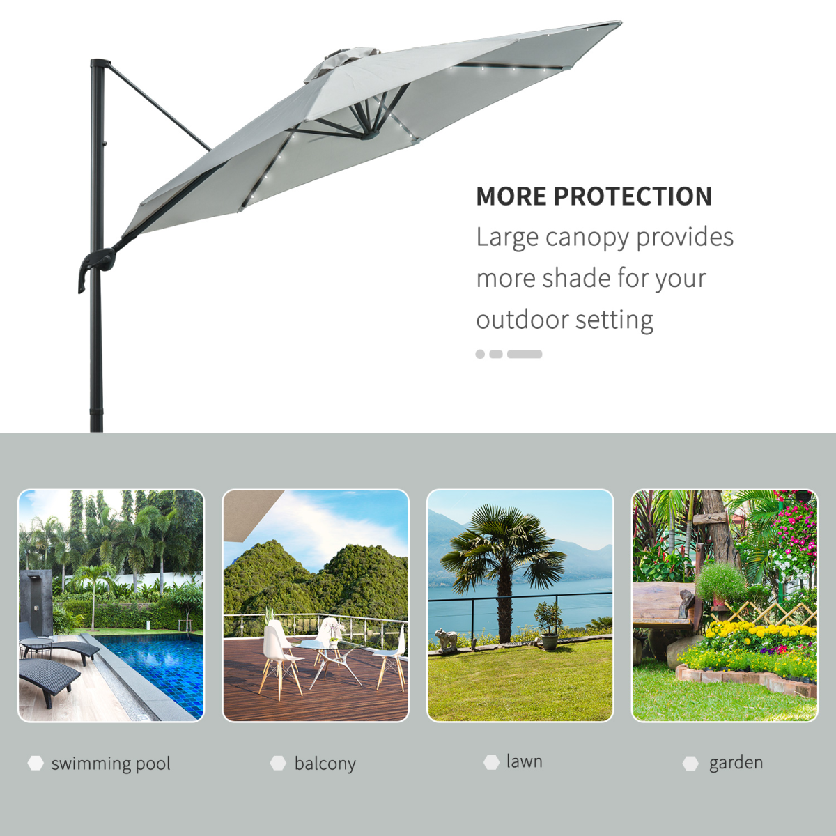 3m Cantilever Roma Patio Parasol with LED Solar Light, Grey