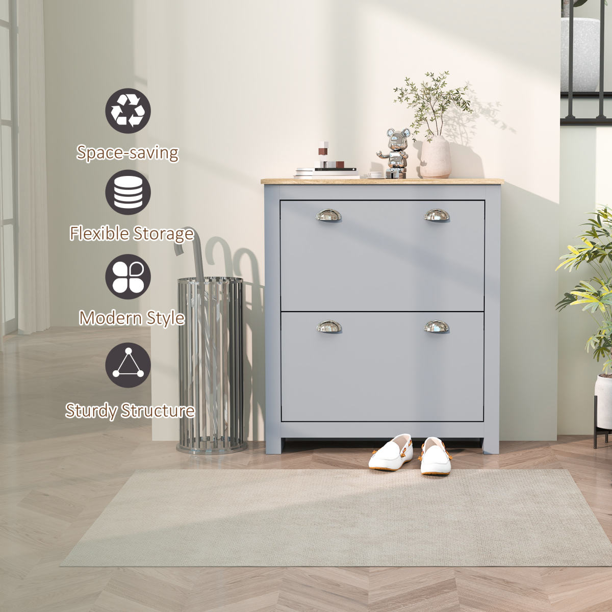HOMCOM Slimline 2-Drawer Shoe Cabinet with Flip Doors, Grey
