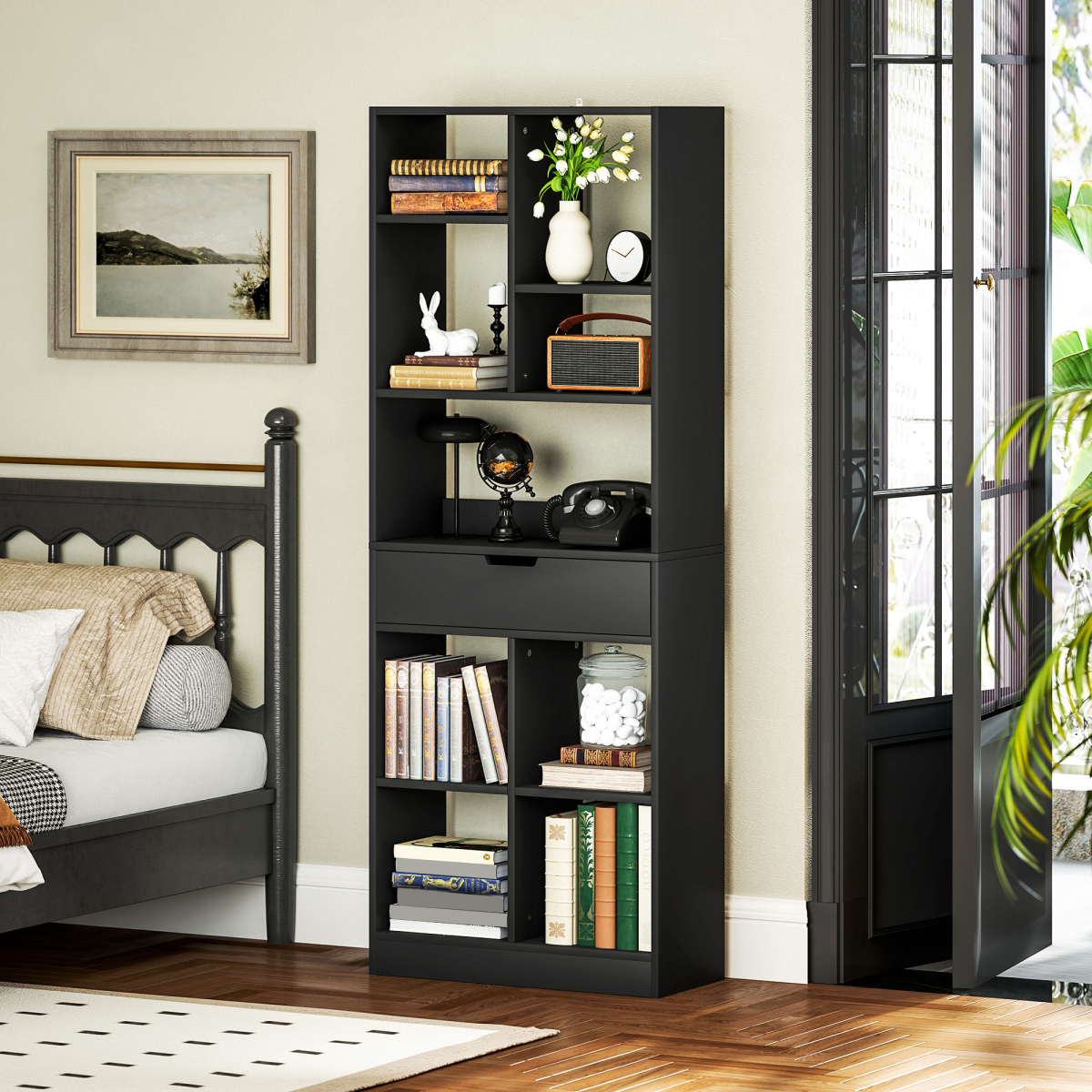 HOMCOM Freestanding Black Bookcase Display Shelf with Drawer, 9 Compartments