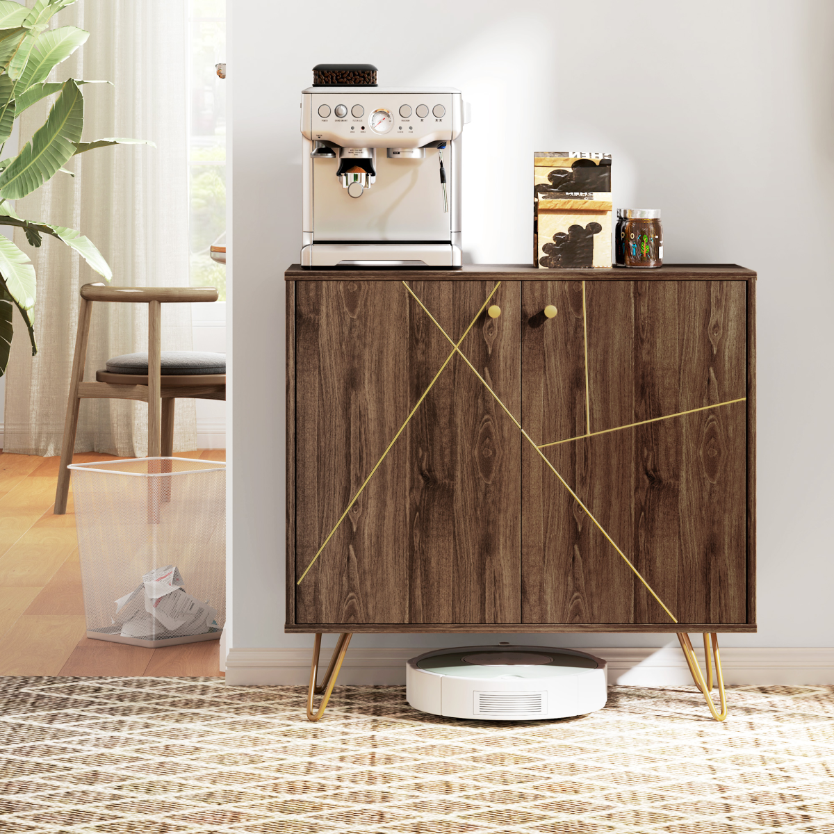 HOMCOM Brown Sideboard Storage Cabinet with Gold Steel Lines