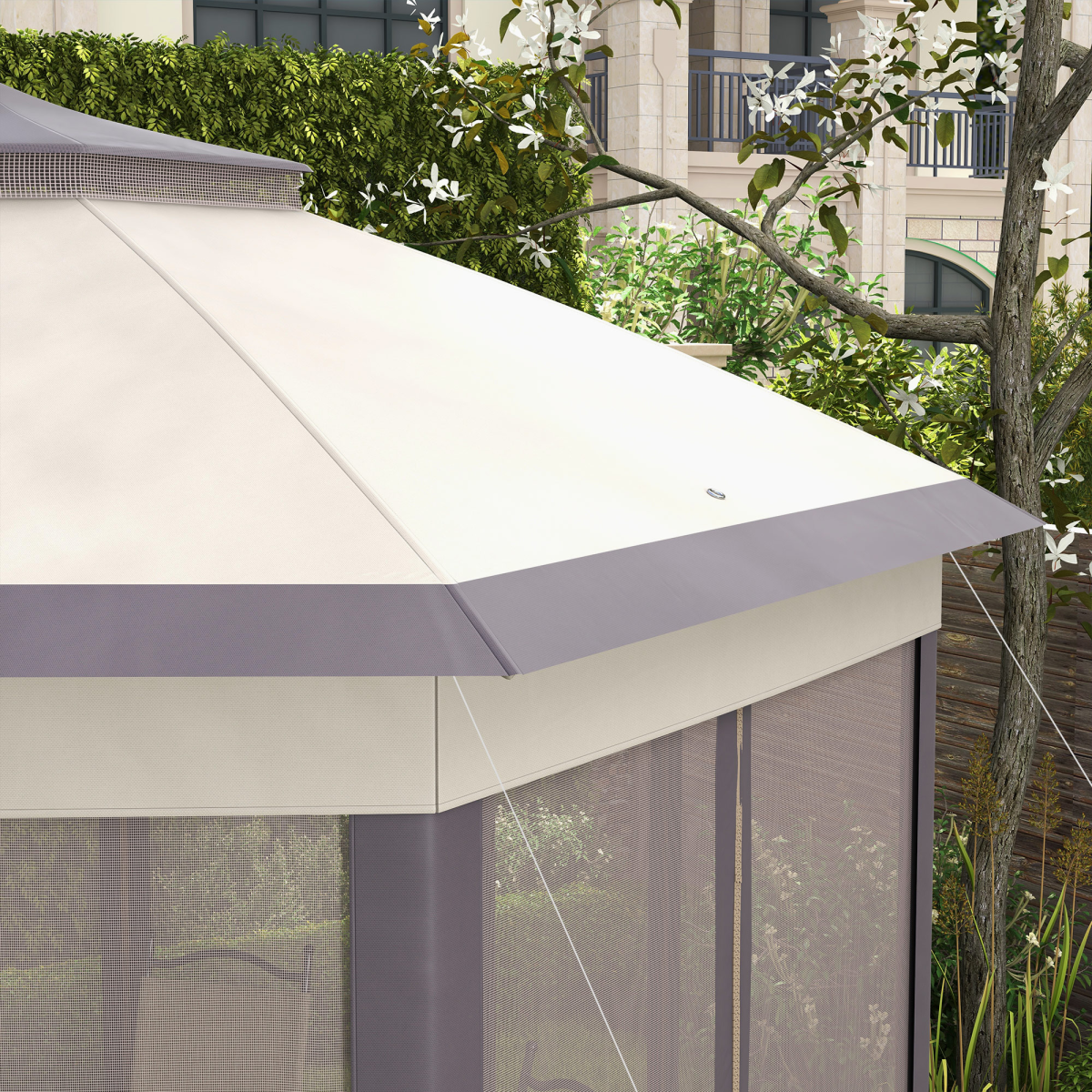 Outsunny 4.05m Metal Frame Mesh Curtain Gazebo with 2-Tier Roof Brown