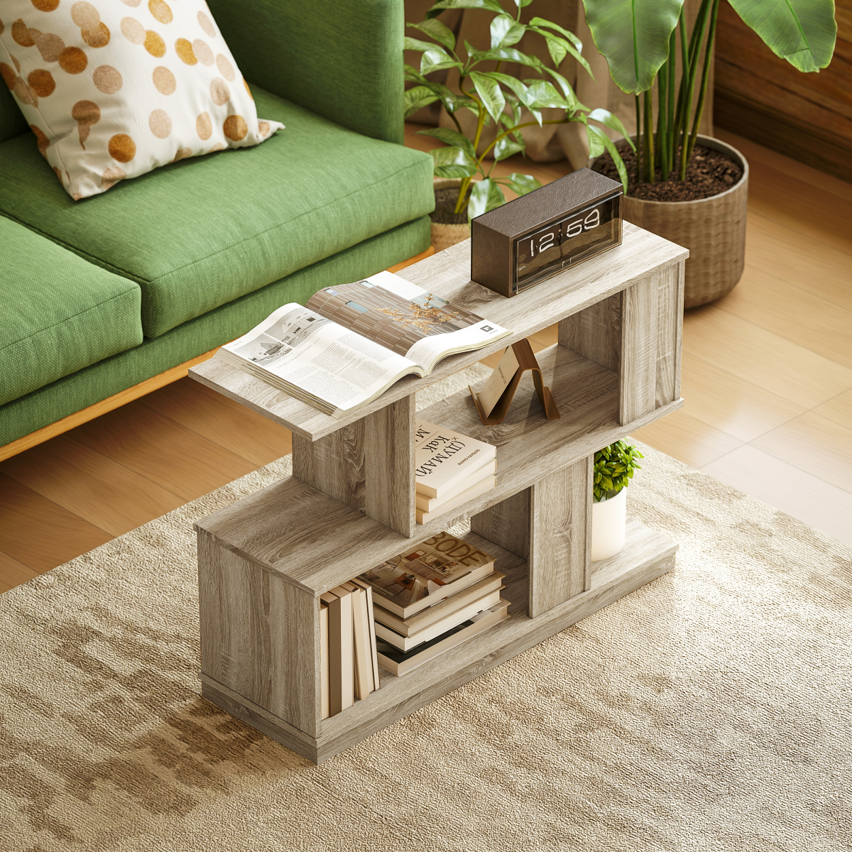 HOMCOM 3-Tier S-Shaped Narrow End Table, Natural Wood Finish