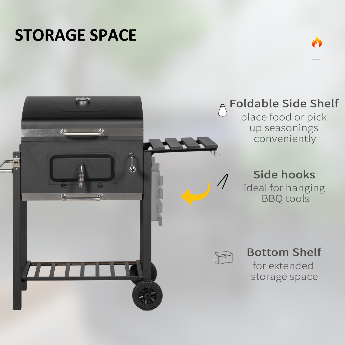 Outsunny Charcoal BBQ Grill Trolley with Wheels, Side Shelf & Thermometer