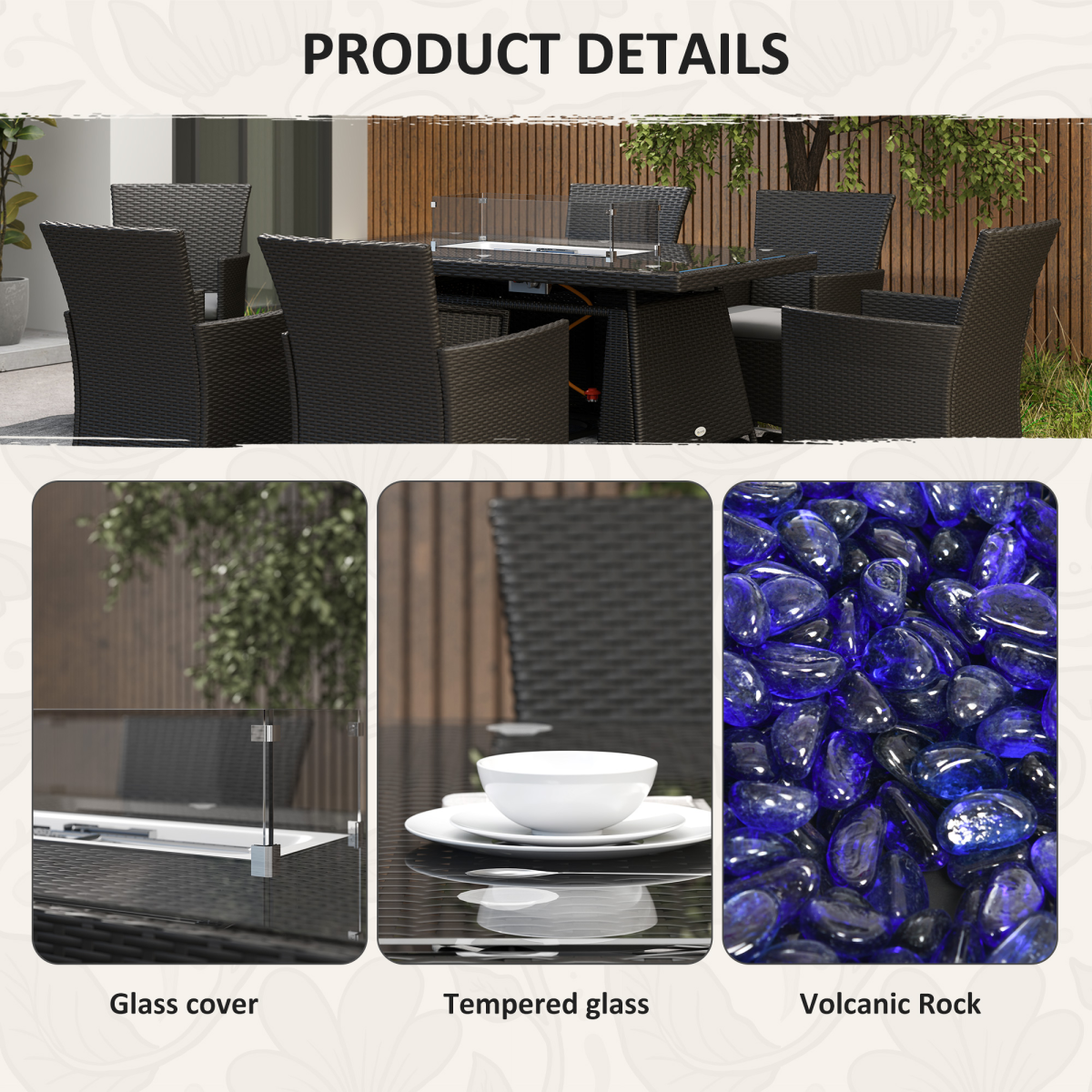 Outsunny 7 Piece Rattan Garden Dining Set with Fire Pit Table, Black