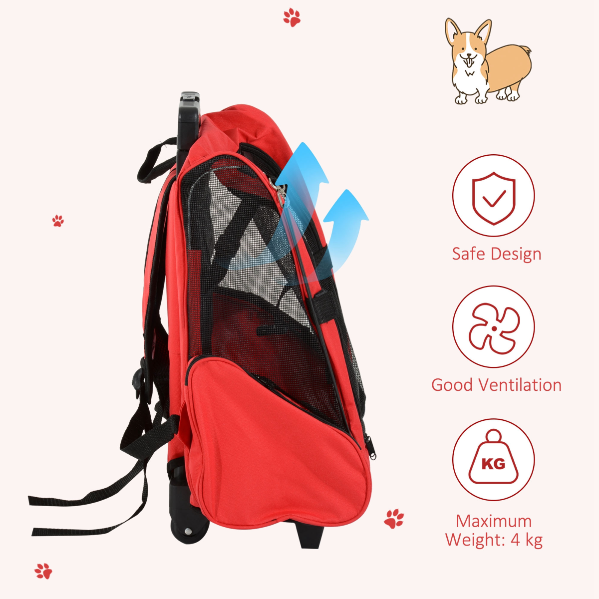 Pawhut Pet Travel Backpack Carrier, 2-in-1 Trolley Bag with Telescopic Handle, 4 Detachable Wheels, Breathable Mesh, Safety Buckle Lock