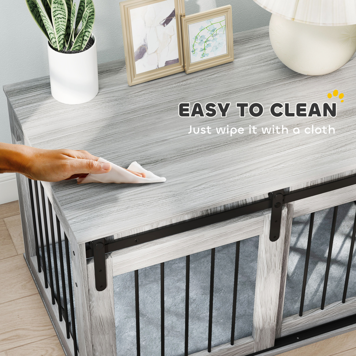 PawHut Grey Dog Crate Furniture with Cushion, Side Table for Large Dogs