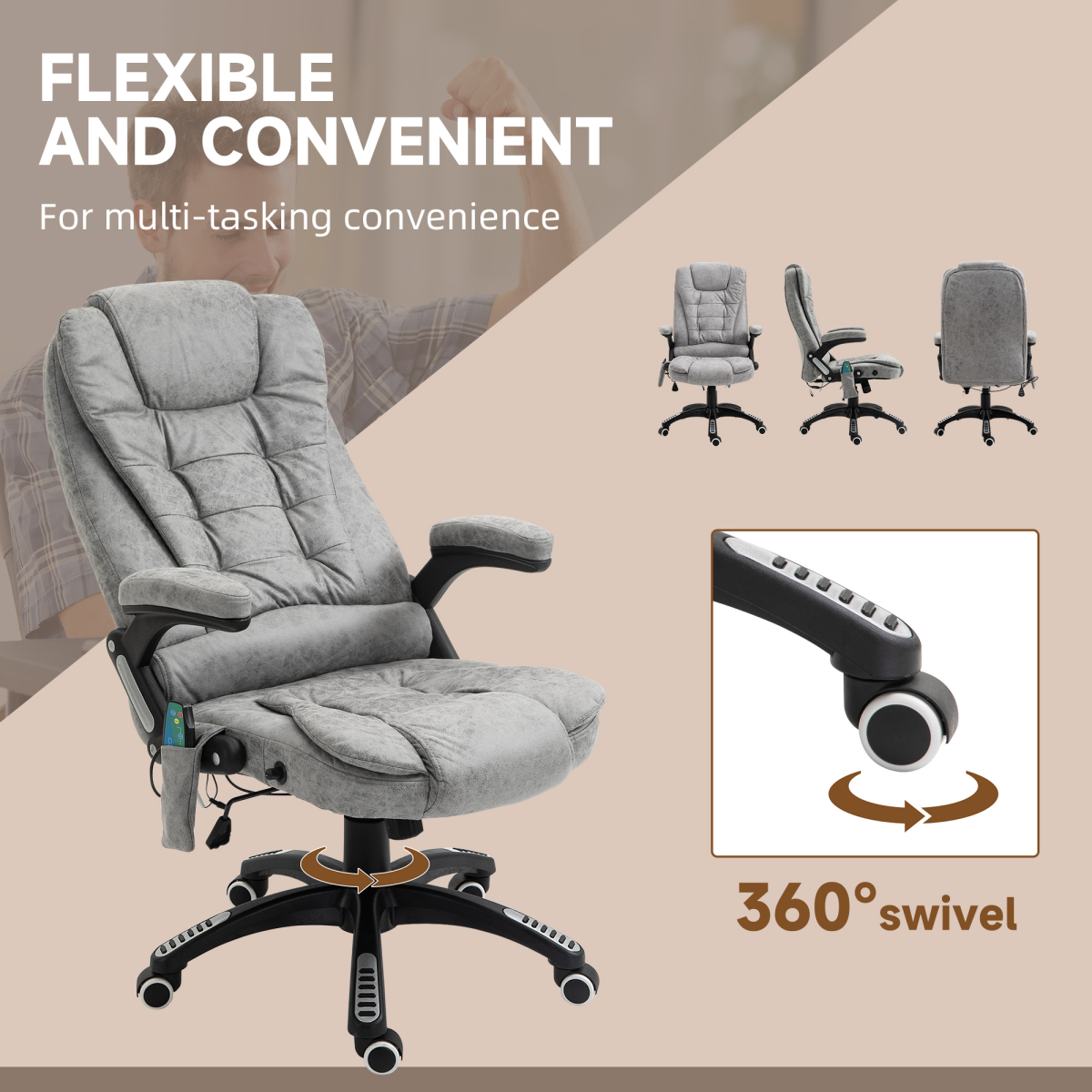 Grey Executive Reclining Office Chair with Heating Massage Headrest