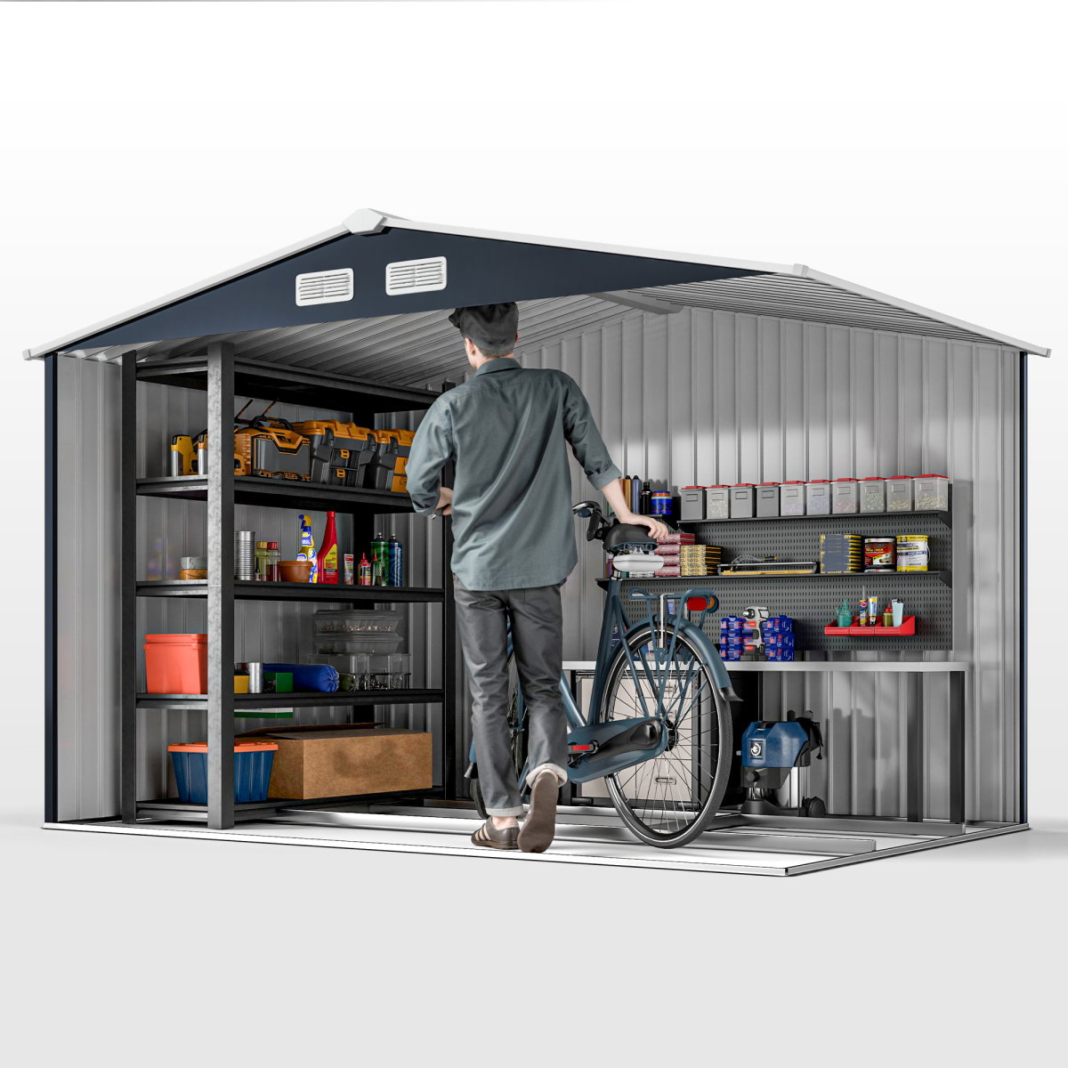 Outsunny 9 x 6FT Galvanised Metal Garden Storage Shed with Floor Foundation, Ventilation and Sliding Double Doors, Dark Grey