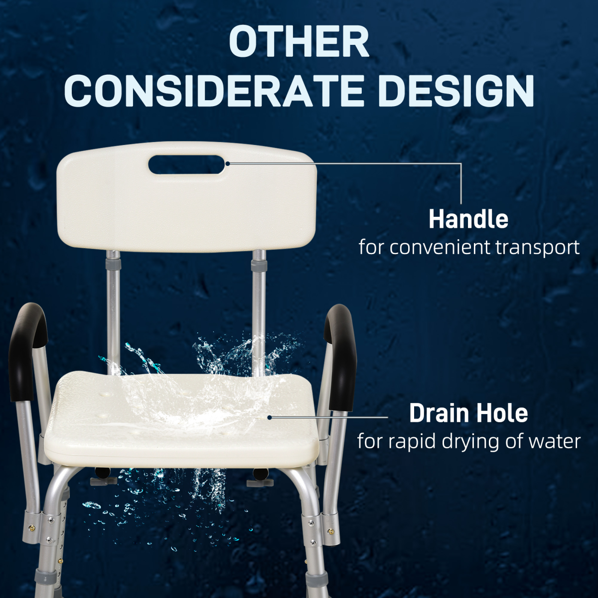 HOMCOM Height Adjustable Aluminum Shower Chair with Removable Back Support, Padded Armrests, Padded Handles, Non-Slip Tips, 135kg Capacity